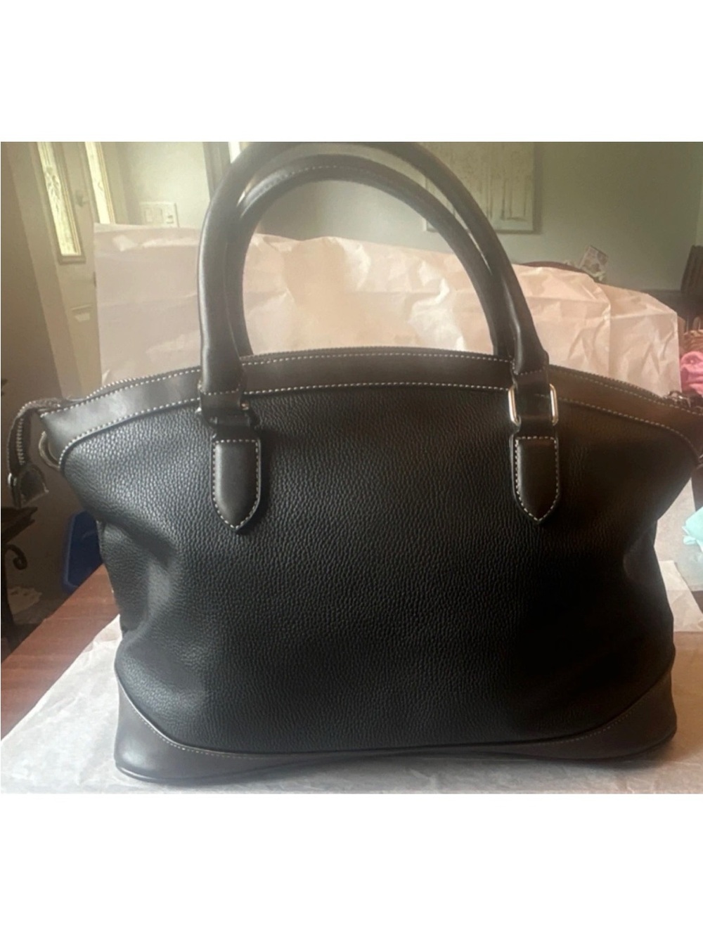 London Fog Black Pebbled Satchel Silver Hardware Double Handles Zip Closure - Picture 3 of 9